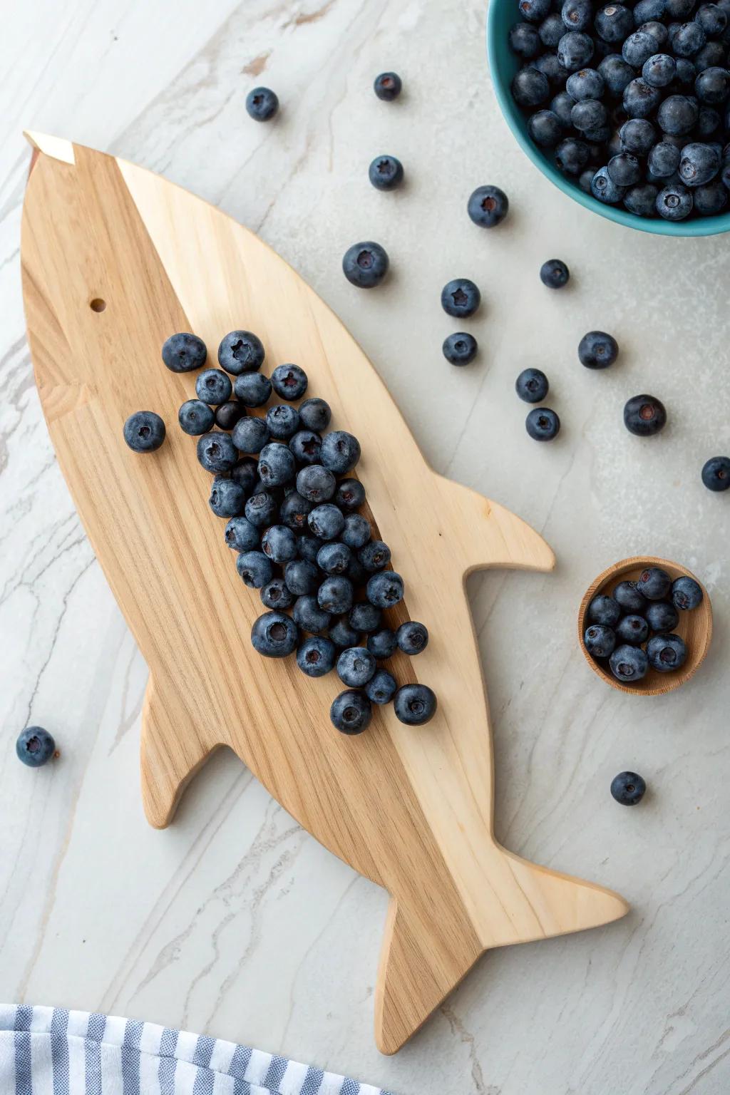 Blueberry-water ocean transforms a shark board—deep berry gradient, clean Nordic minimal style.