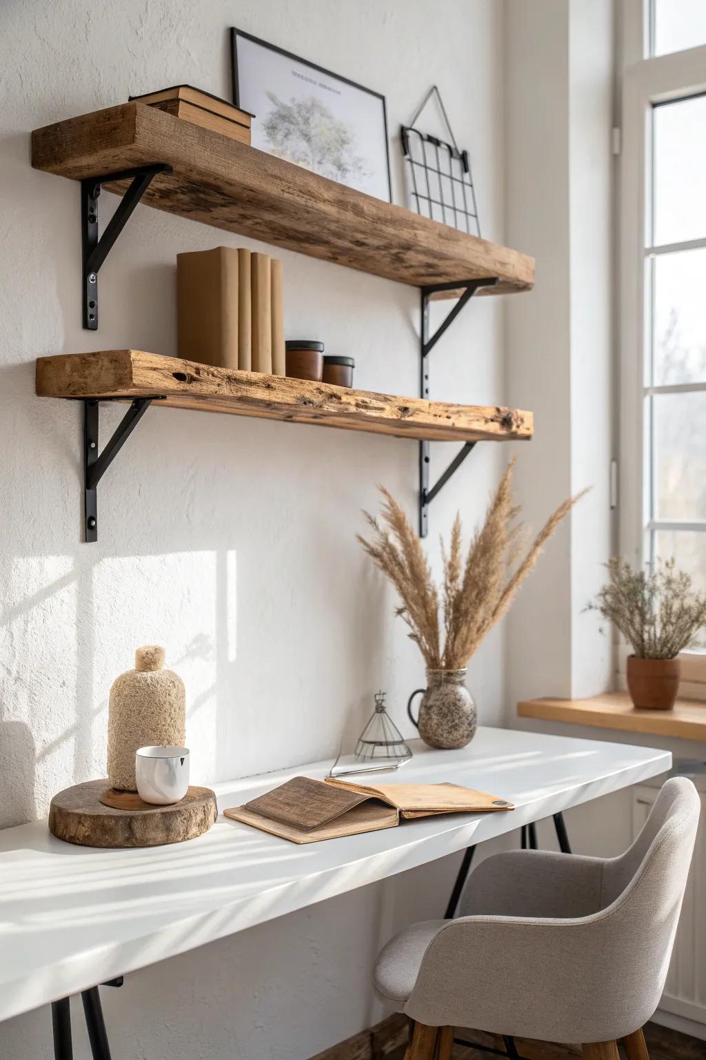 Rustic reclaimed wood shelf on black brackets—farmhouse warmth above a minimalist desk.