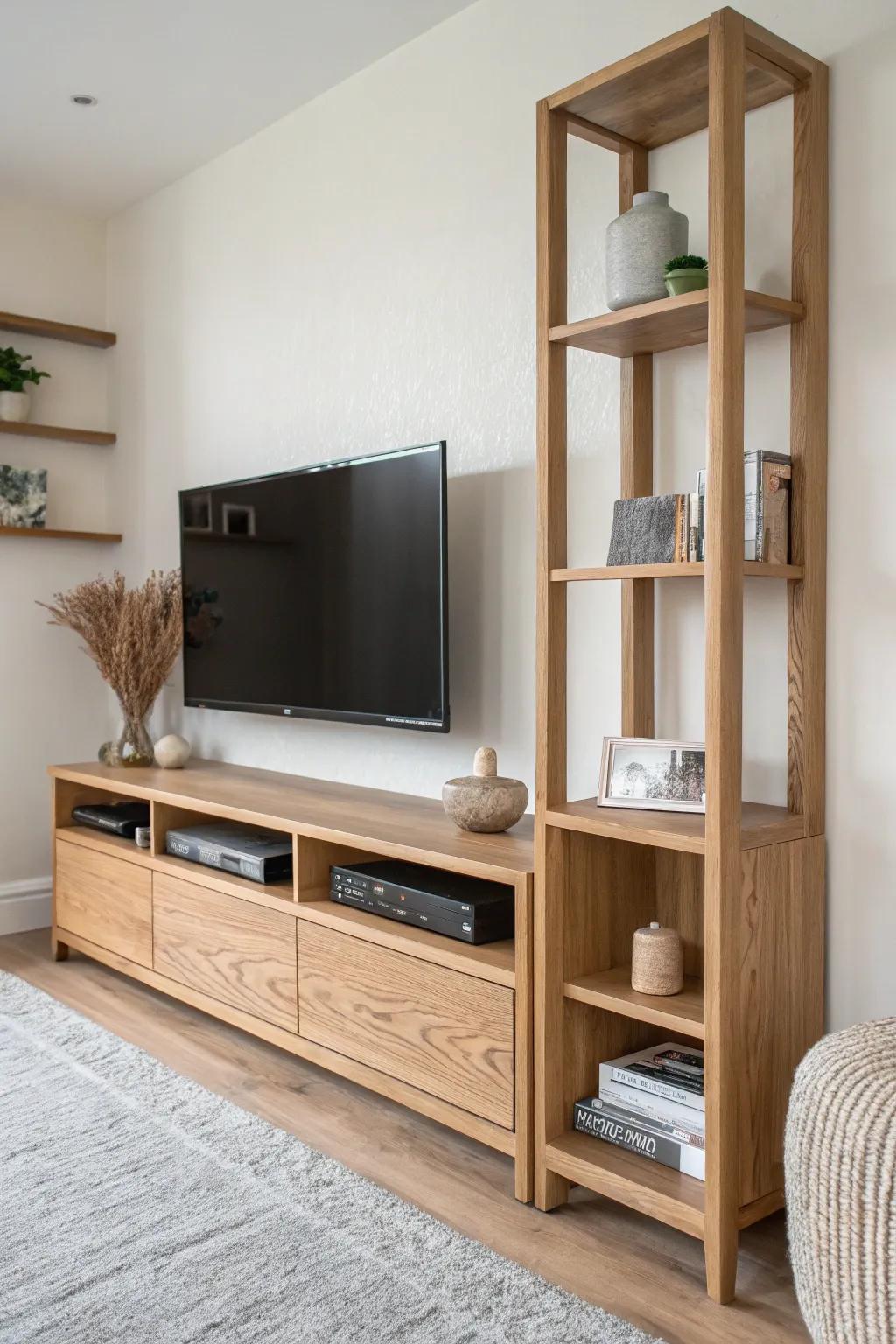 Light oak TV surround shelves that frame the screen beautifully—airy, balanced, and warm.