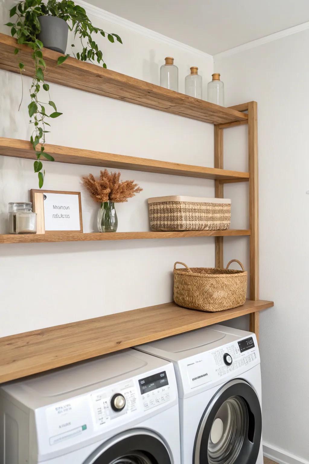 Two-tier wood shelves above the washer—daily essentials below, backup supplies neatly up top.