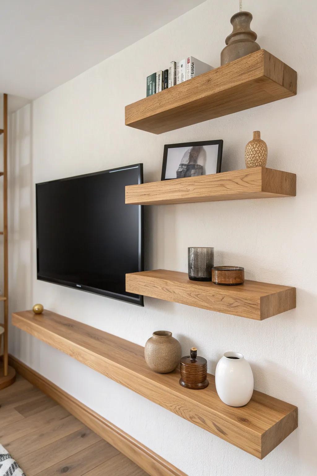 Staggered oak floating shelves beside the TV—balanced asymmetry for a modern, cozy nook.