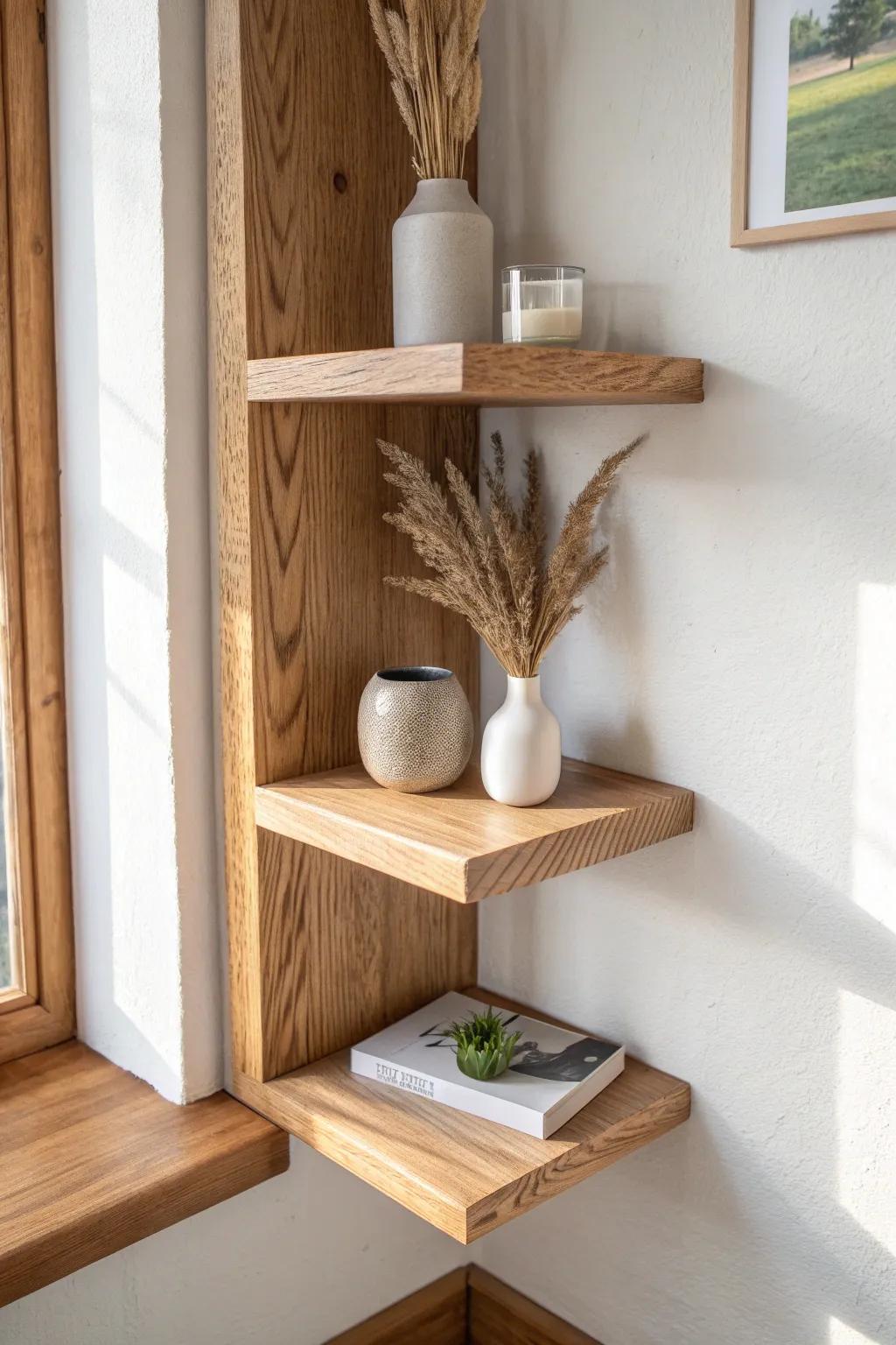 Turn dead corners into beautiful storage with an L-shaped wraparound shelf in warm oak.