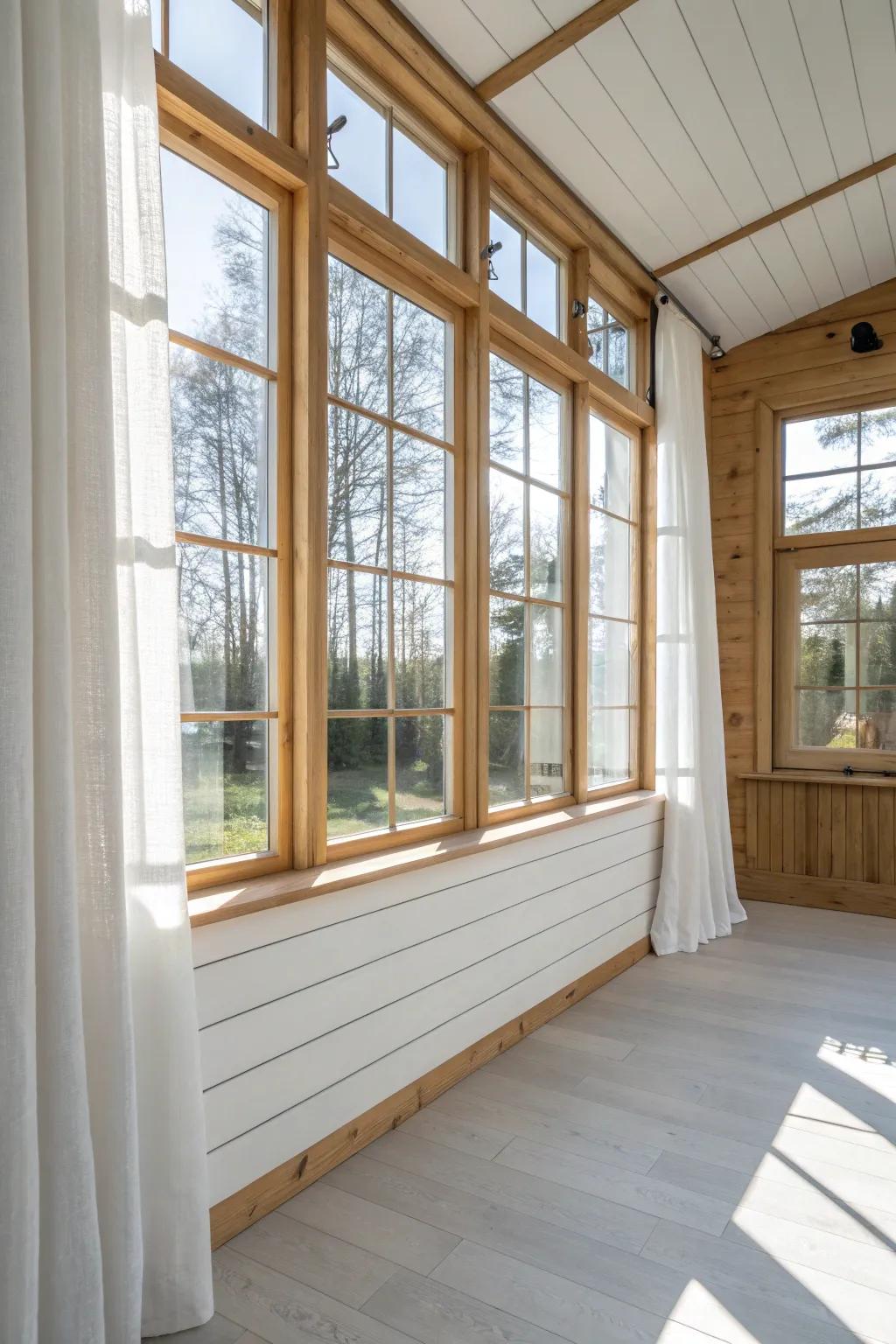 Knee wall shiplap under sunroom windows—clean, scuff-resistant, and beautifully bright.