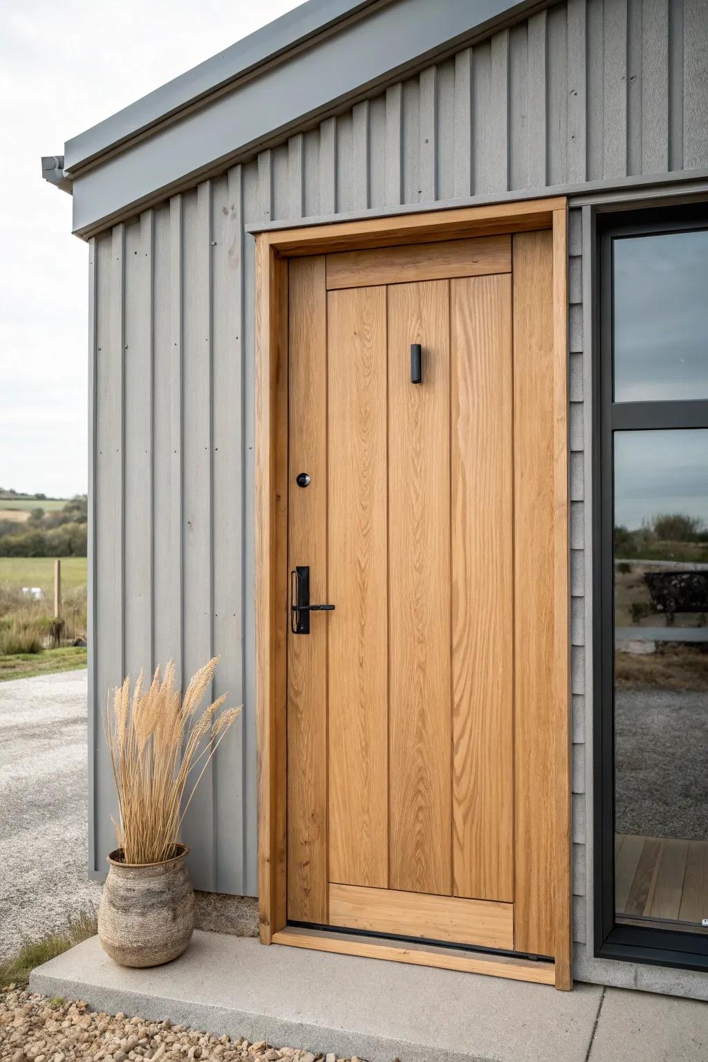 Warm wood entry door on cool corrugated metal—barndominium exterior made soft and inviting.