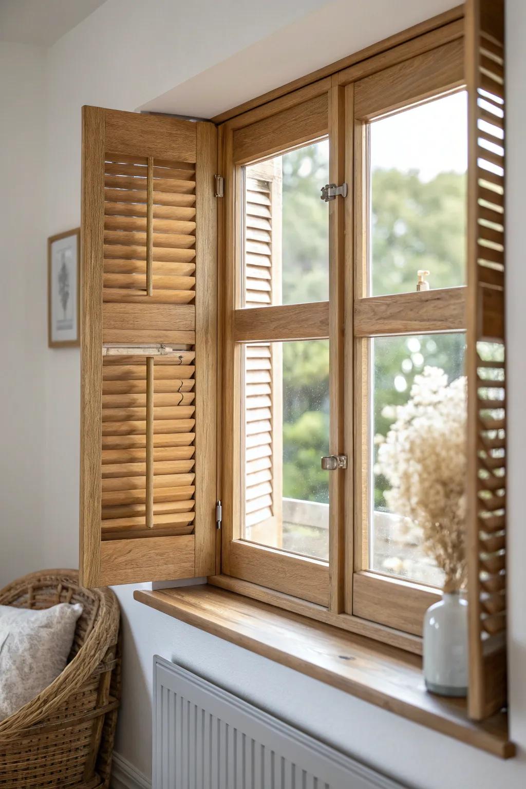 Tier-on-tier shutters: top open for soft daylight, bottom closed for cozy privacy.