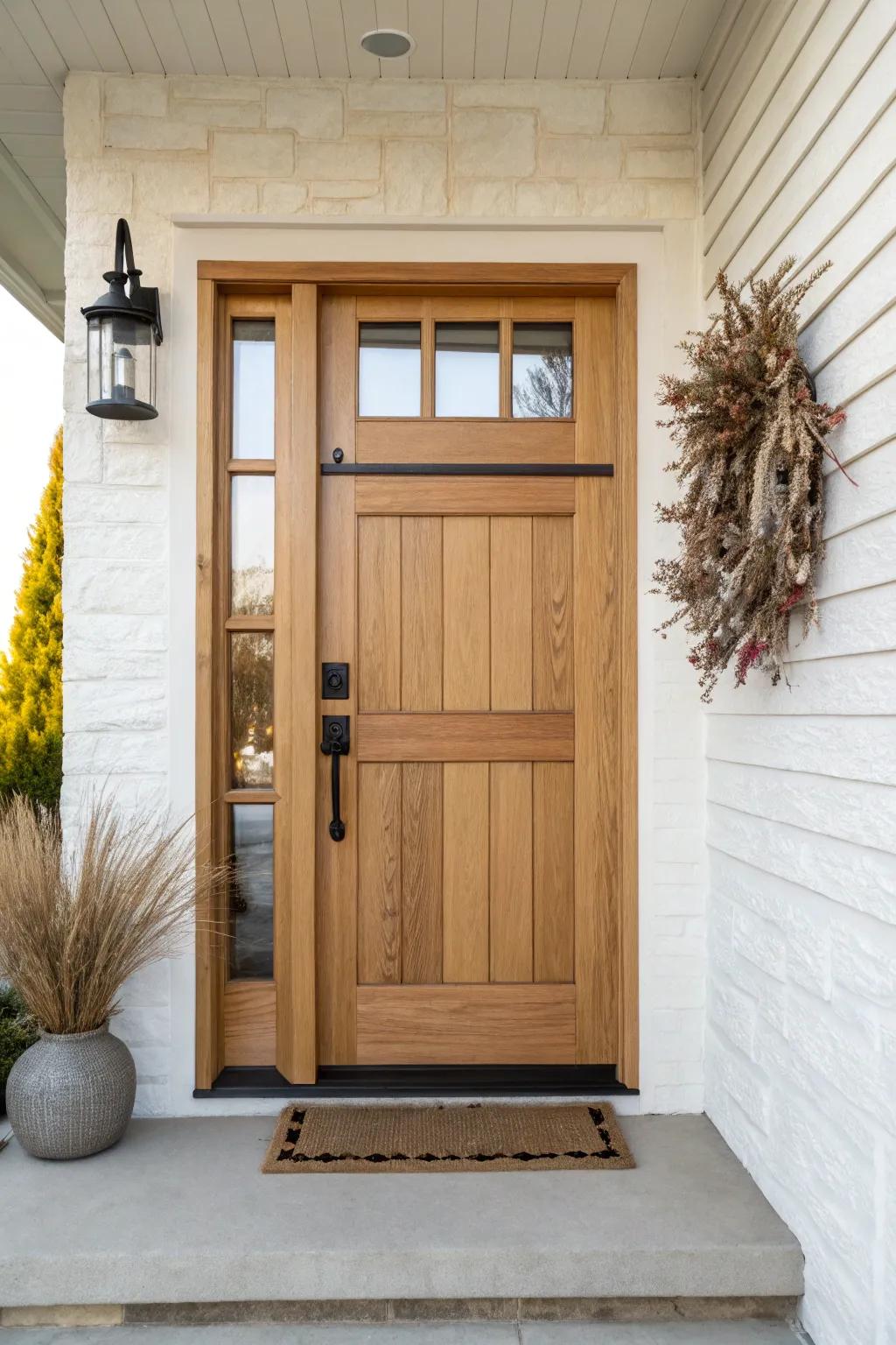 Timeless Shaker-panel single door—clean lines, deep shadows, and warm oak craftsmanship.