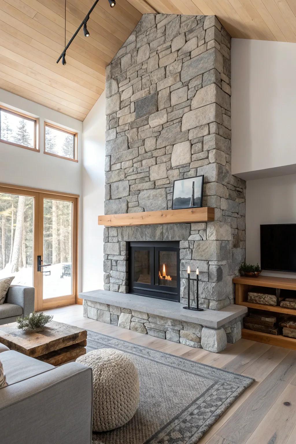 Let a bold stone fireplace anchor your ski-lodge living room—warm, simple, and timeless.