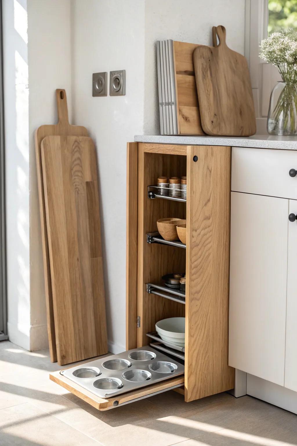 Skinny slot cabinet: vertical dividers keep baking sheets and cutting boards quiet and easy to grab.