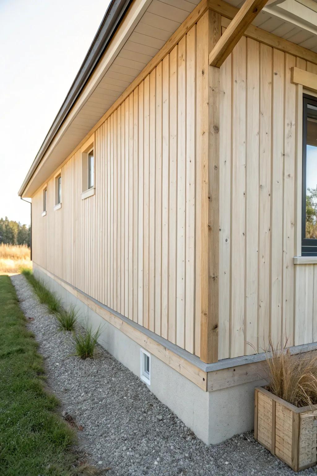 Vertical board-and-batten skirting: farmhouse clean lines with hidden ventilation and a neat gap.
