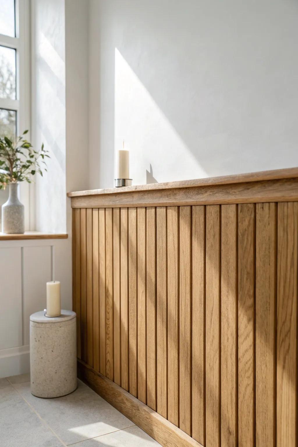 Half-height oak slat wainscoting with a slim ledge—texture, warmth, and function in one.