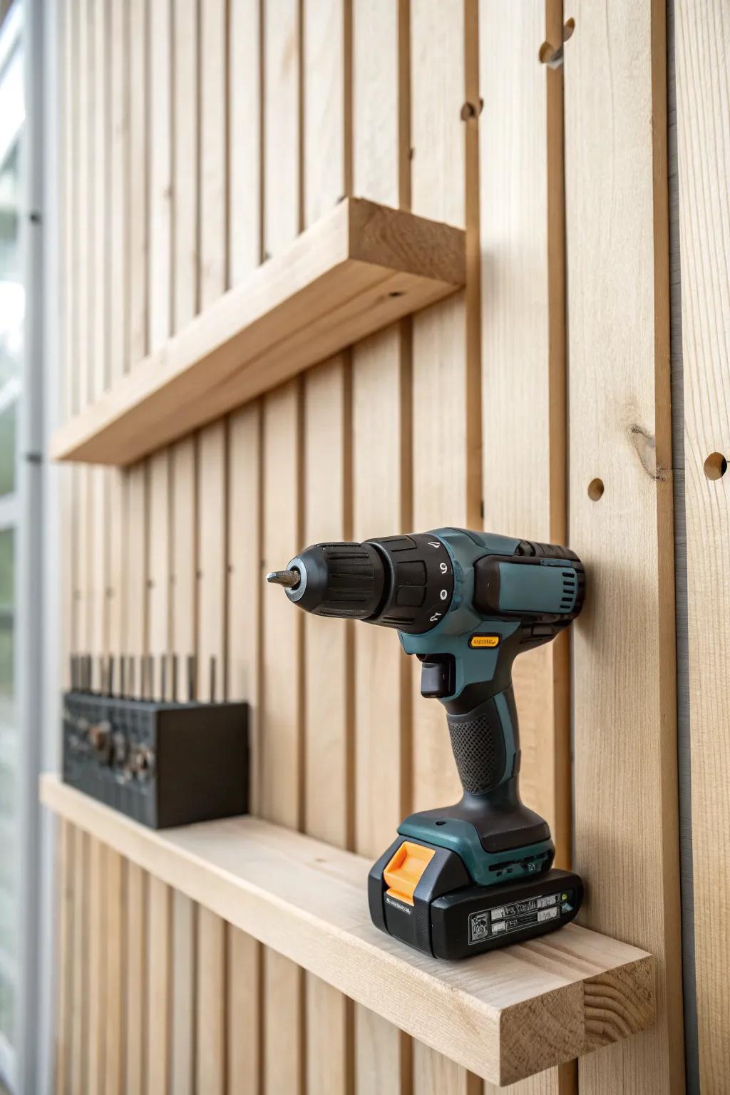 A tidy slat-wall docking spot keeps your drill ready—no more tools lost under clutter.
