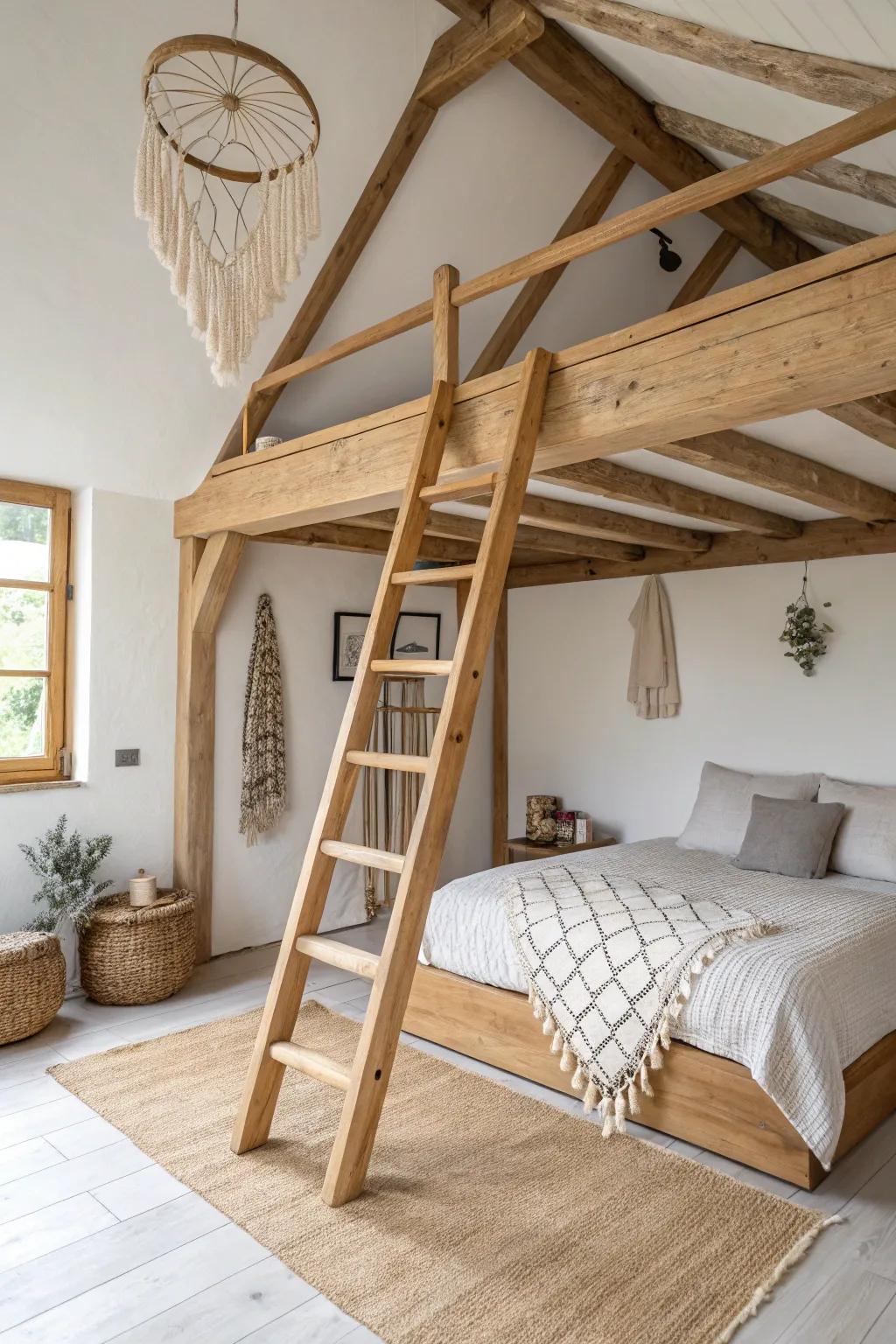 An airy mezzanine loft in pale oak—exposed beams add warmth without closing the room in.
