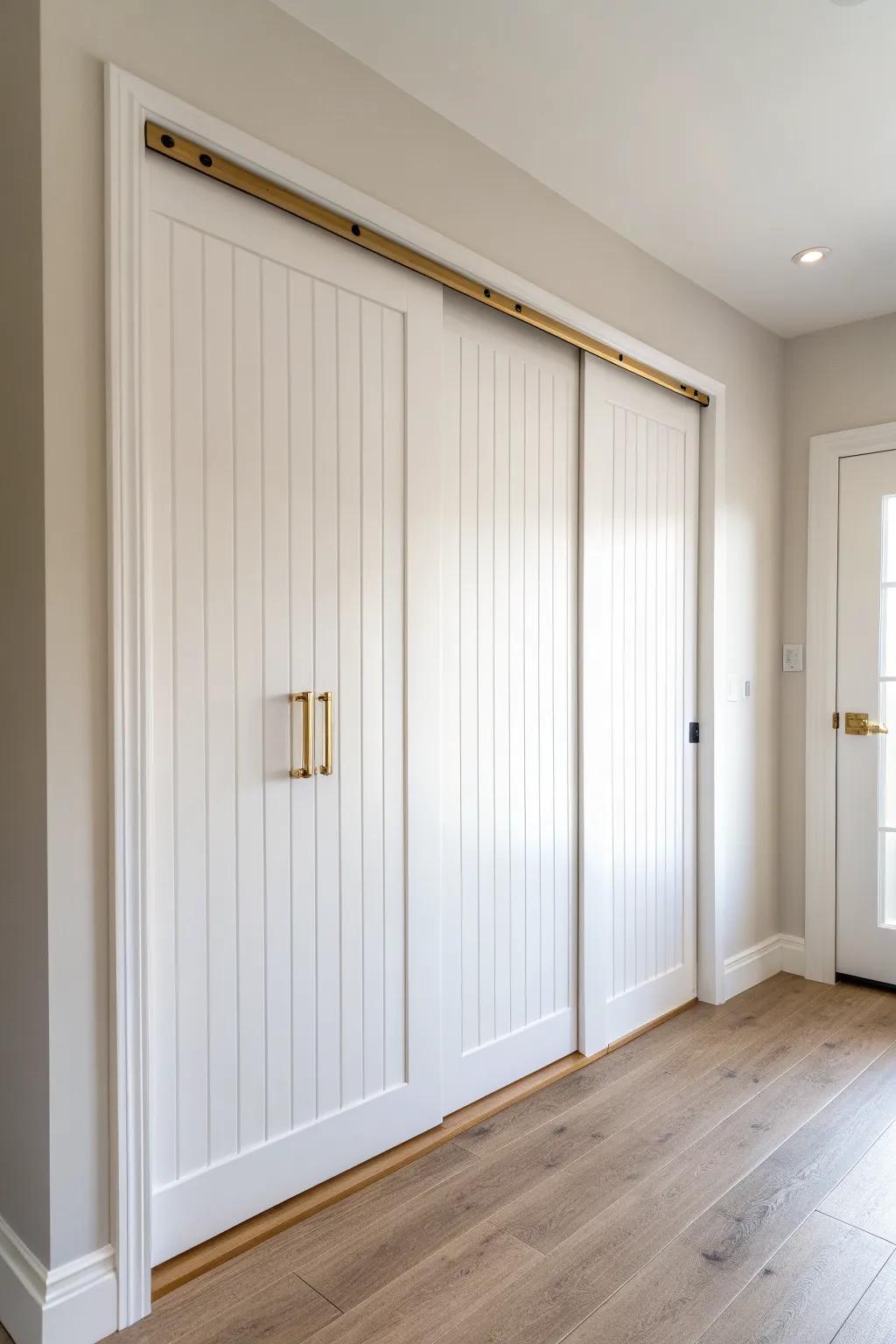Vertical shiplap overlay transforms sliding closet doors with clean lines and a taller feel.
