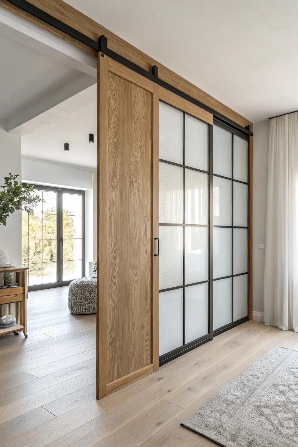 Frosted glass + slim oak frame: a bright sliding divider that adds warmth and privacy.