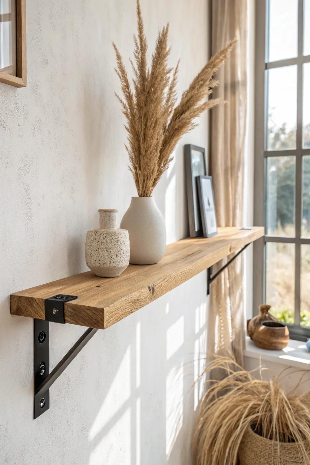 A slim wall-mounted oak bar ledge with chunky brackets—big style, zero floor space.