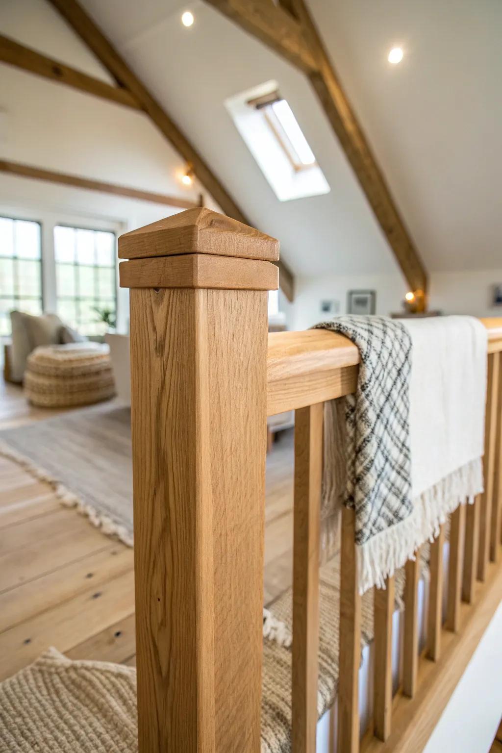 Chunky timber loft rail for that cozy hayloft feel—open, airy, and beautifully crafted.