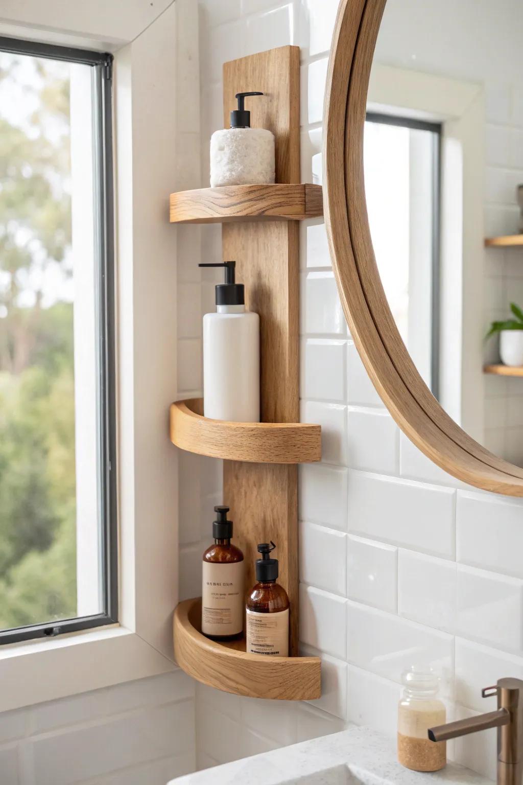 Slim oak shelves beside the mirror keep skincare tidy—minimal, warm, and space-smart.