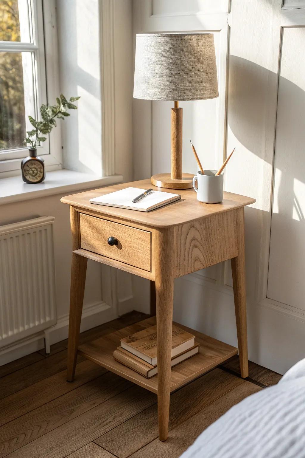 Swap the nightstand for a petite bedside desk—beautiful, functional, and space-smart.