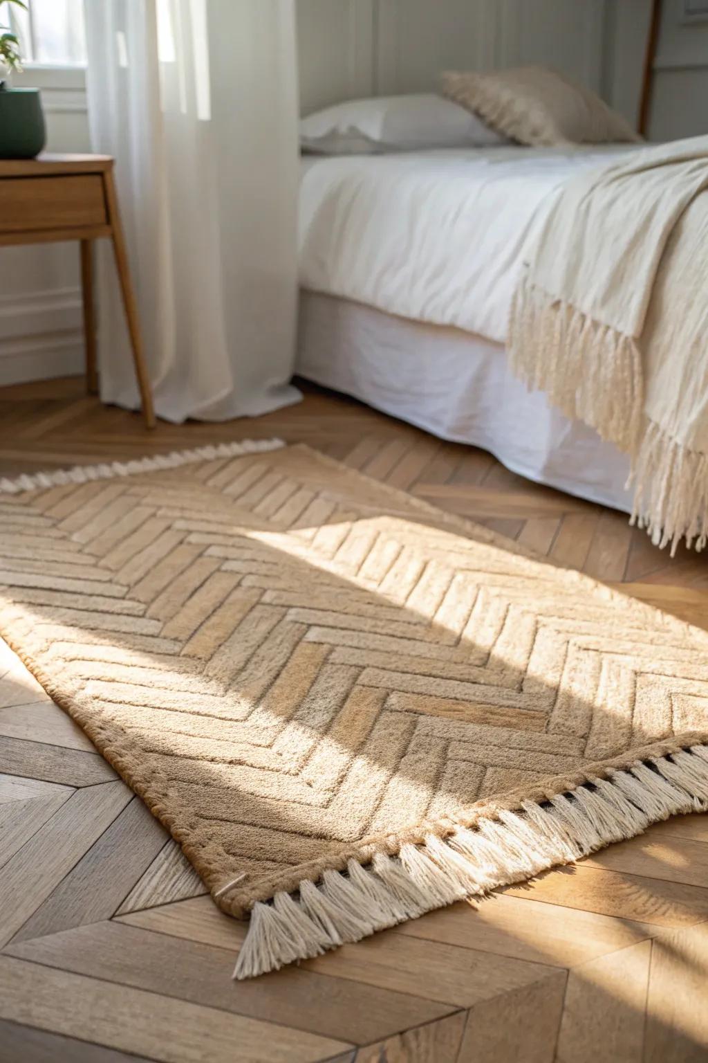 Pale herringbone oak brings quiet movement—perfect for making a small bedroom feel wider.