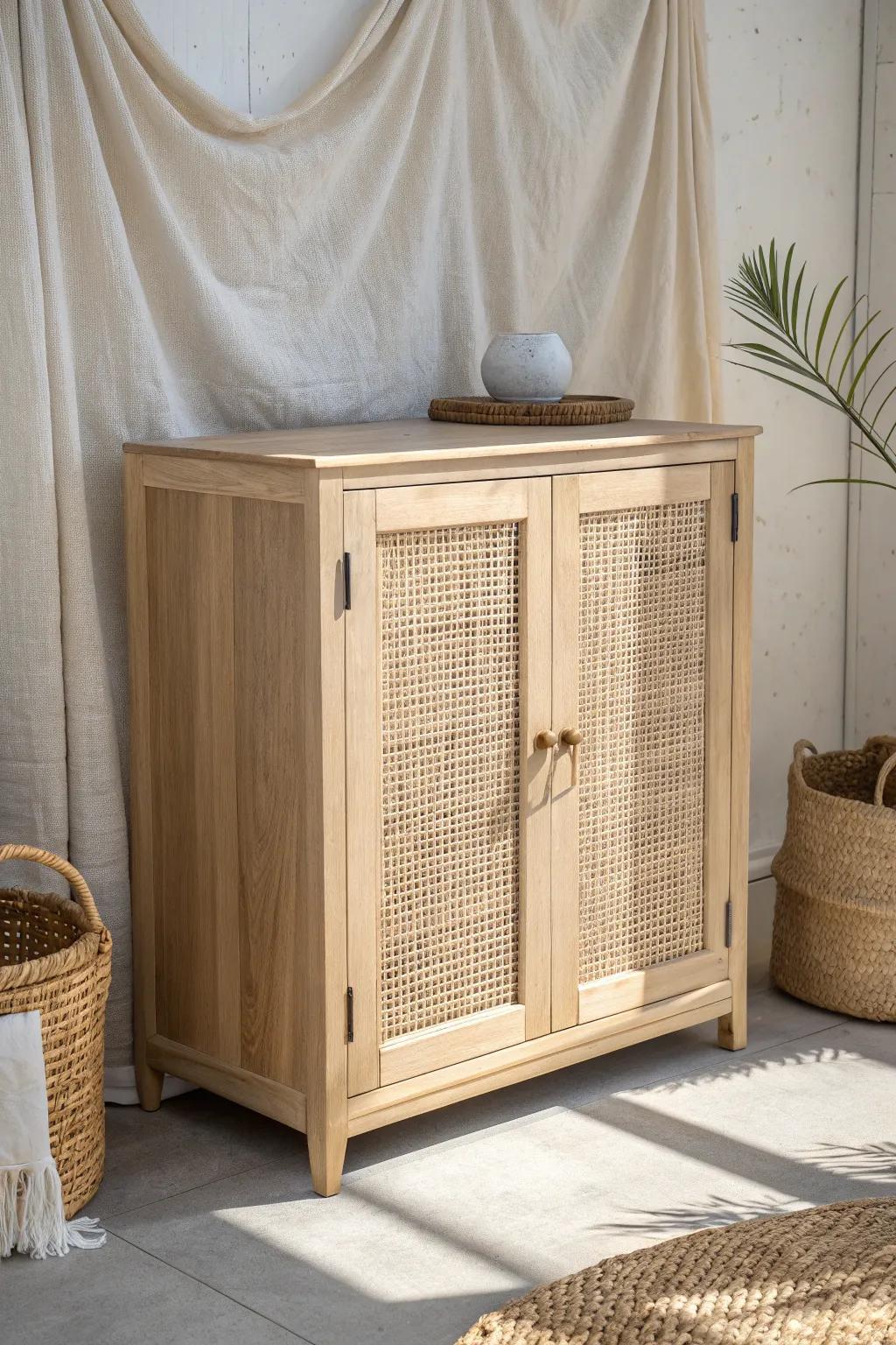 A calm booth look: a storage counter with hidden doors to tuck away bags, stock, and snacks.