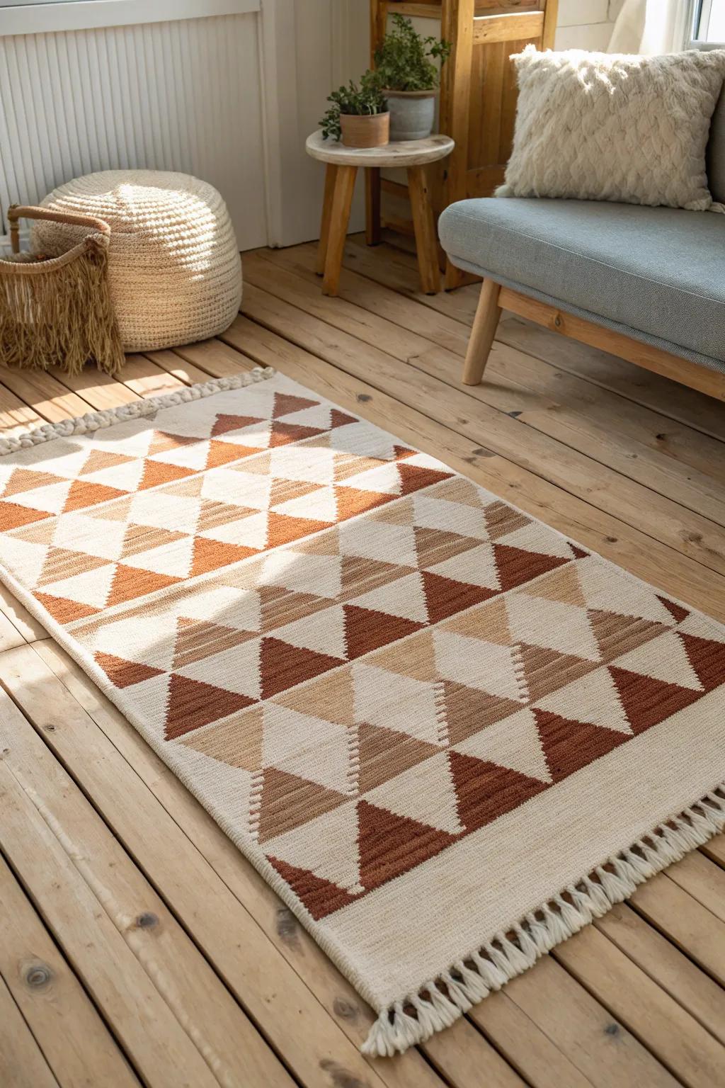 One warm patterned rug anchors the cabin’s gathering zone and hides muddy-boot mess.