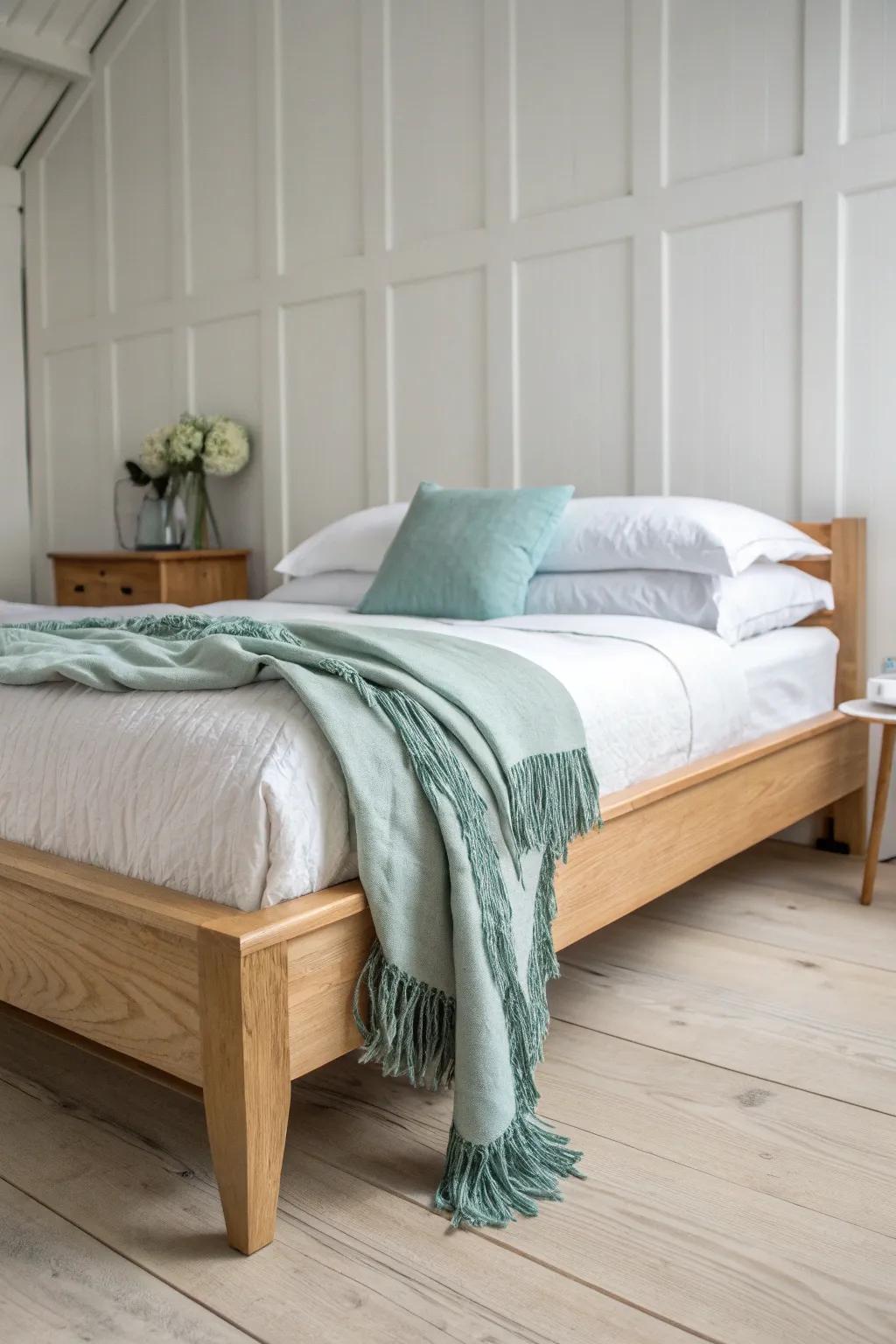 Light linen layers—white quilt plus seafoam throw—make a small coastal bed feel airy.