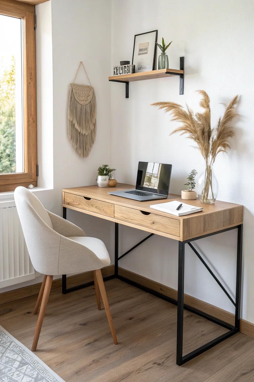 Floating corner desk in light oak—space-saving, sturdy, and effortlessly Scandinavian.