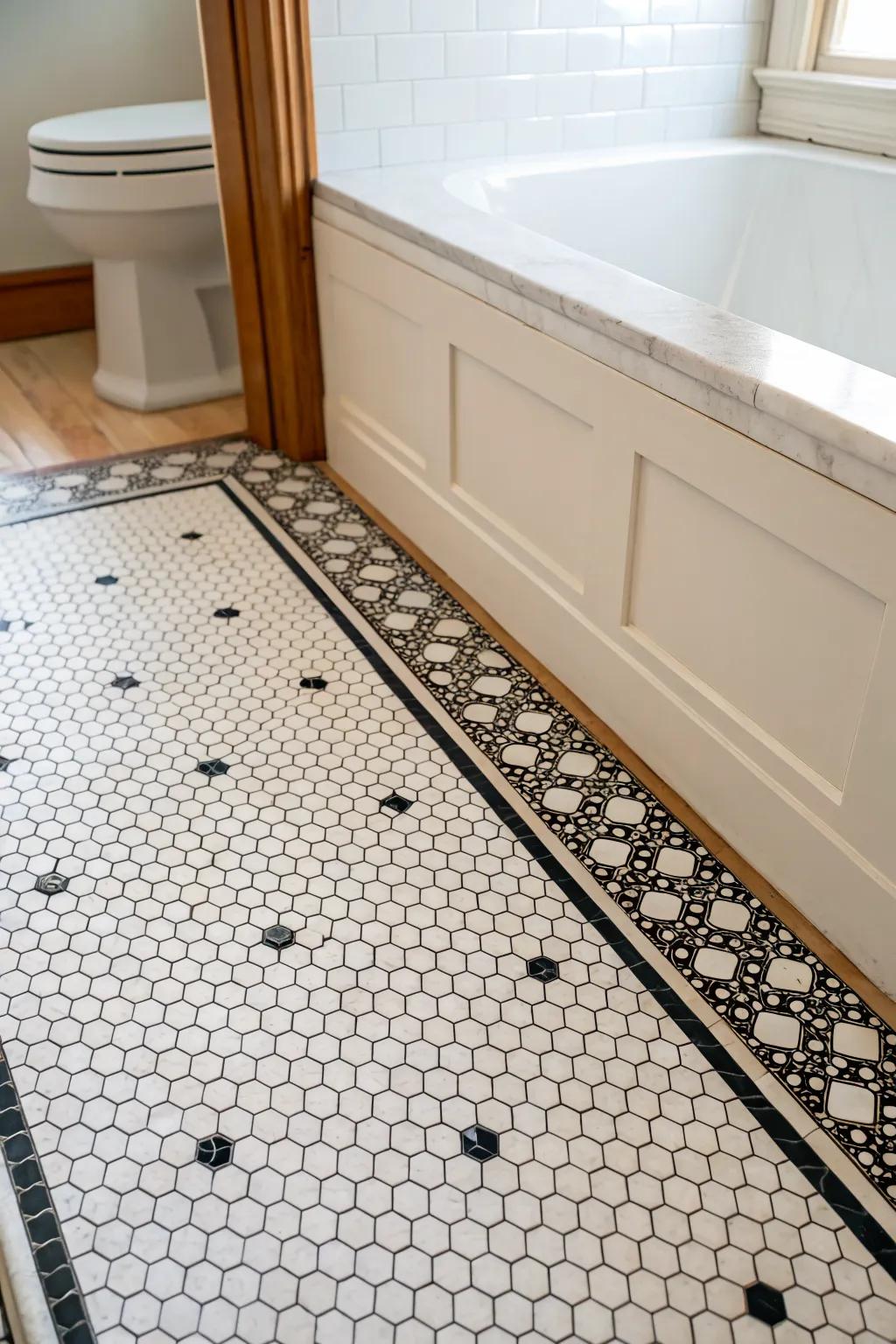 Classic black-and-white penny tile with a slim border band—custom charm for a small bathroom.
