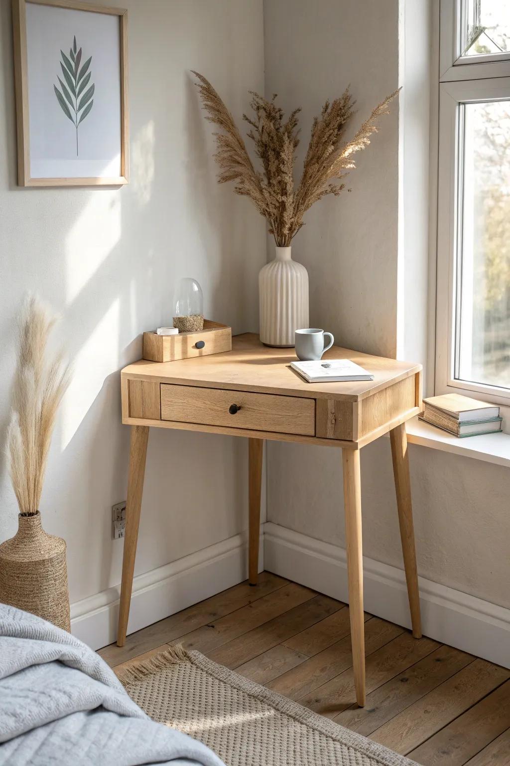 A compact corner desk with a triangle top—small footprint, big custom-built style.