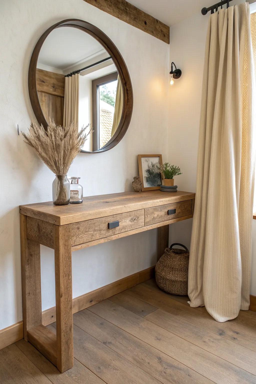 Small-space magic: a reclaimed-wood floating shelf dressing table with airy, boho-minimal charm.