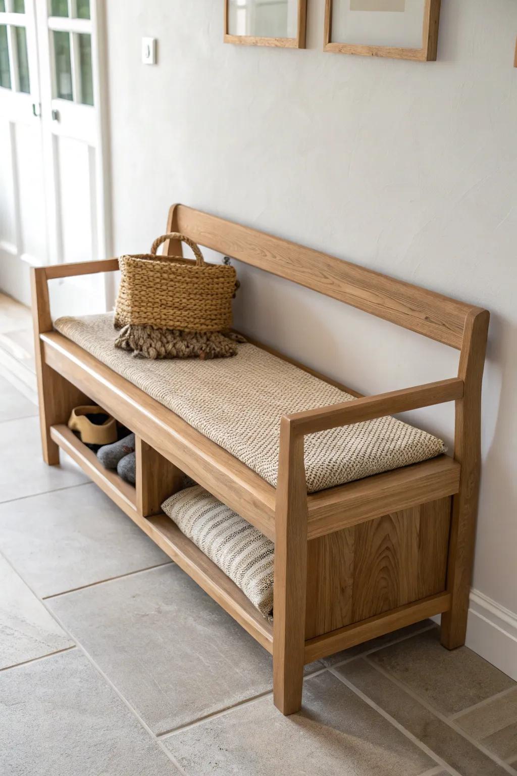 A wall-to-wall built-in bench that saves precious inches and makes tiny entries feel bigger.