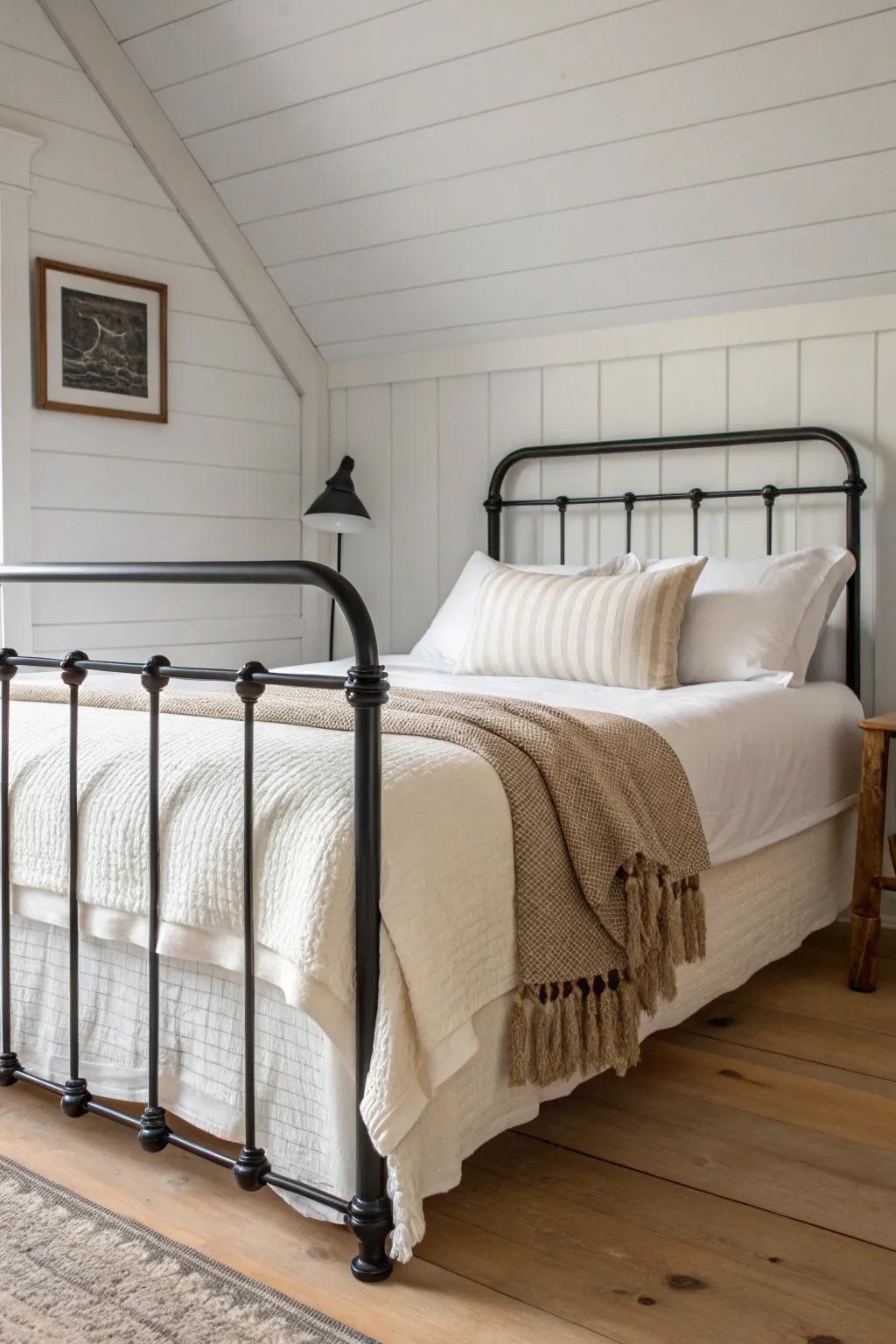 A black metal bed frame keeps a small farmhouse bedroom light, open, and effortlessly stylish.