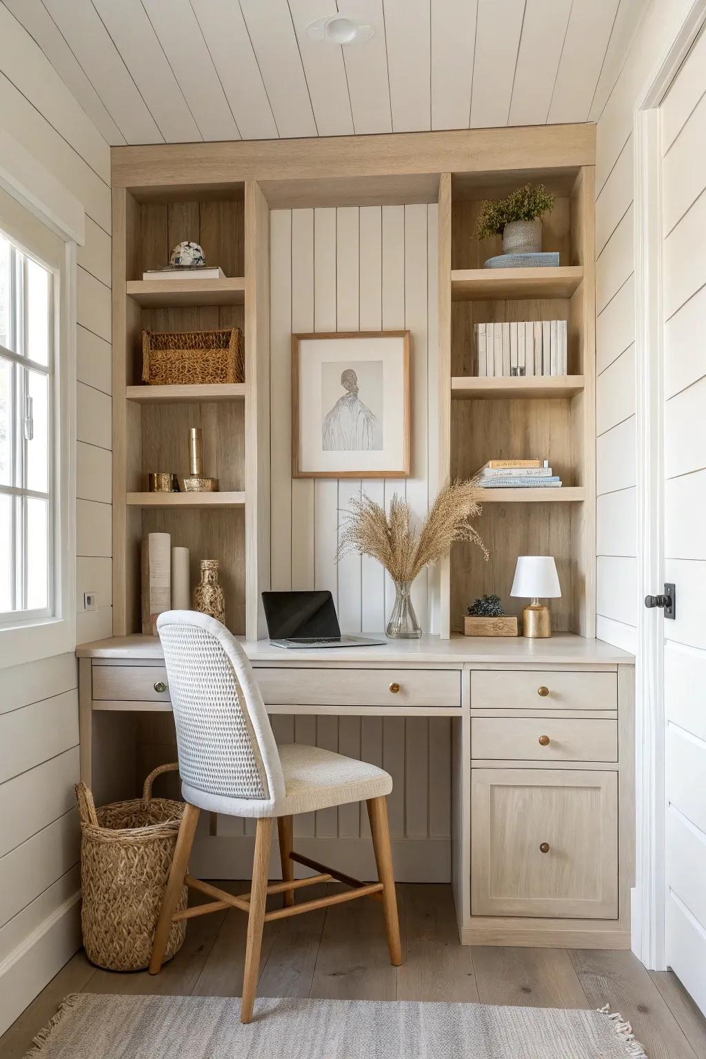 Symmetrical built-in shelves around a centered desk—big storage style for a tiny farmhouse wall.