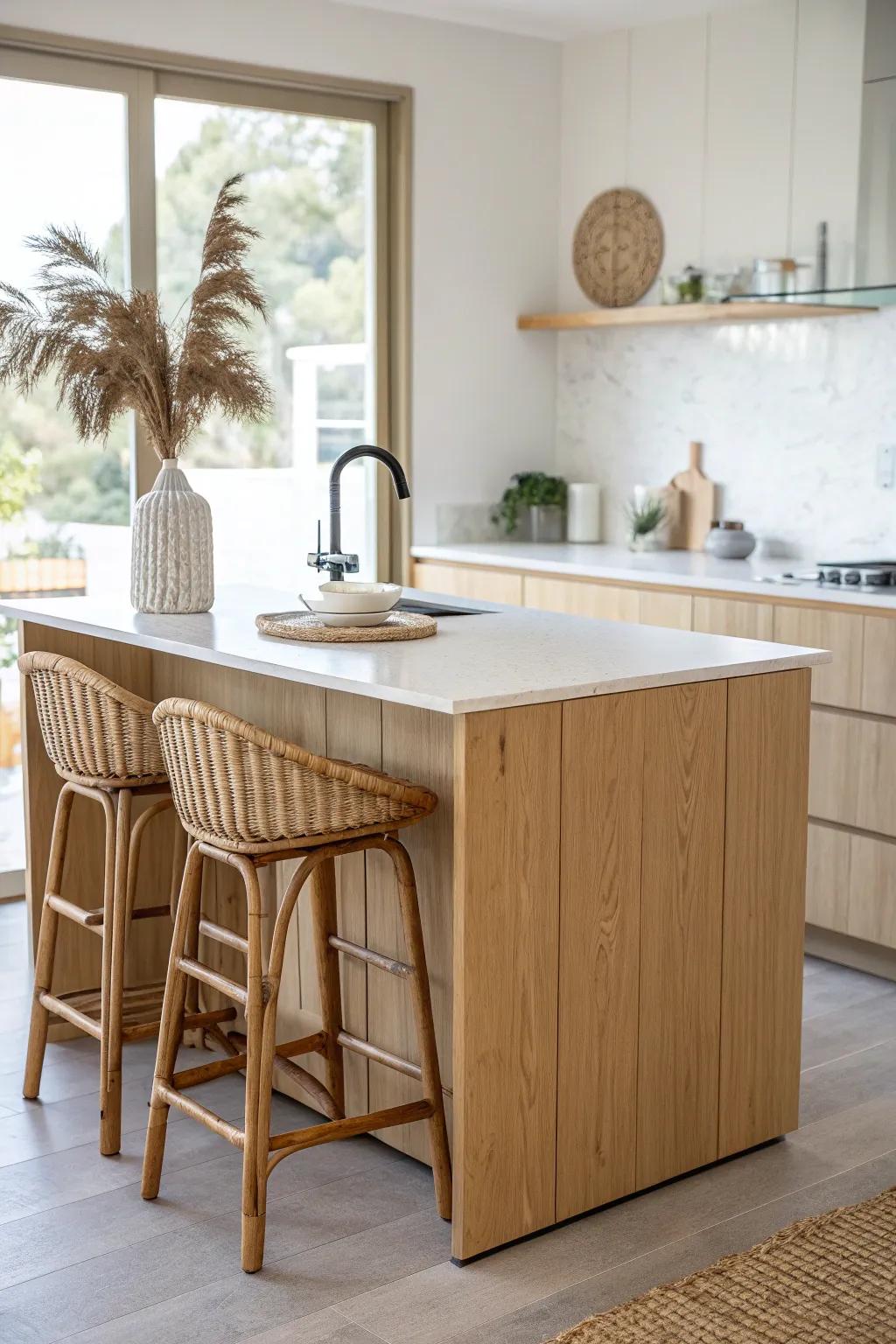 An L-shaped oak kitchen that faces the sofa—more prep space, still open and airy.