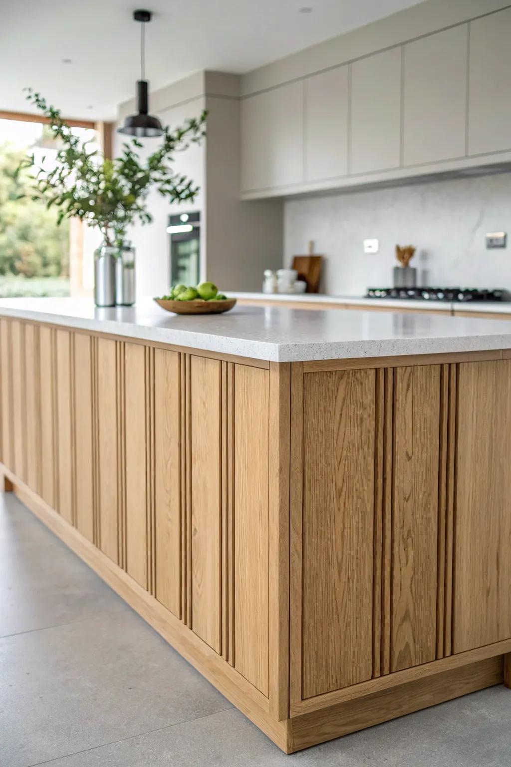 A slim oak island softly divides a small L-shaped kitchen from the living area—calm and intentional.