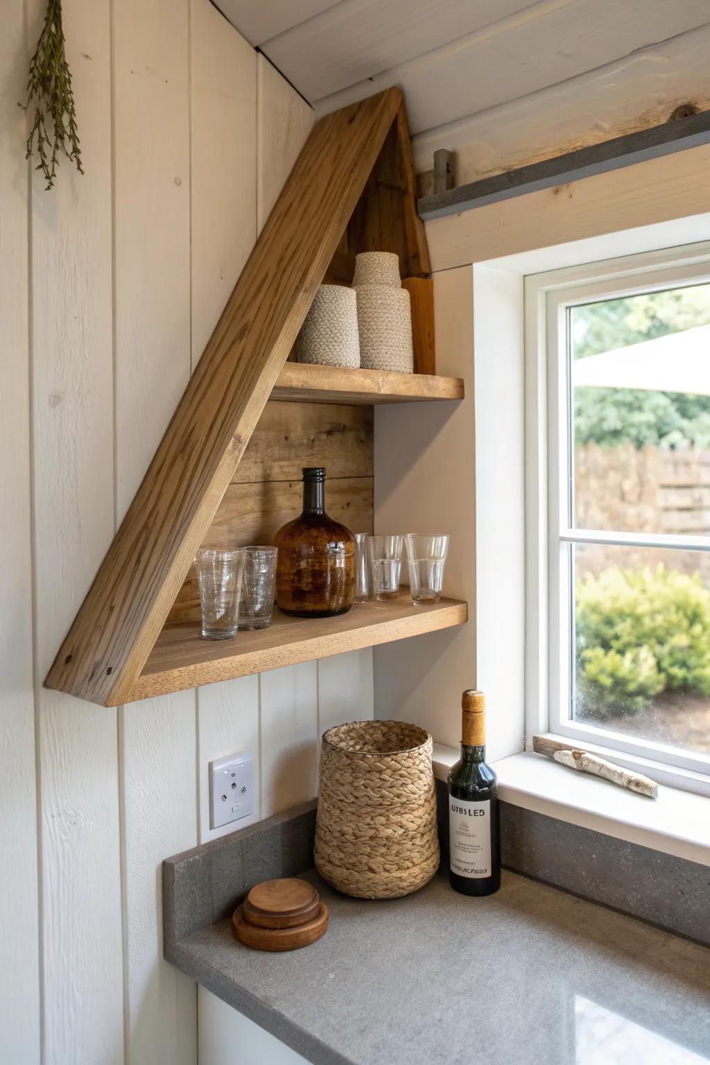 A built-in corner bar shelf that turns unused shed space into a warm, minimalist hangout.