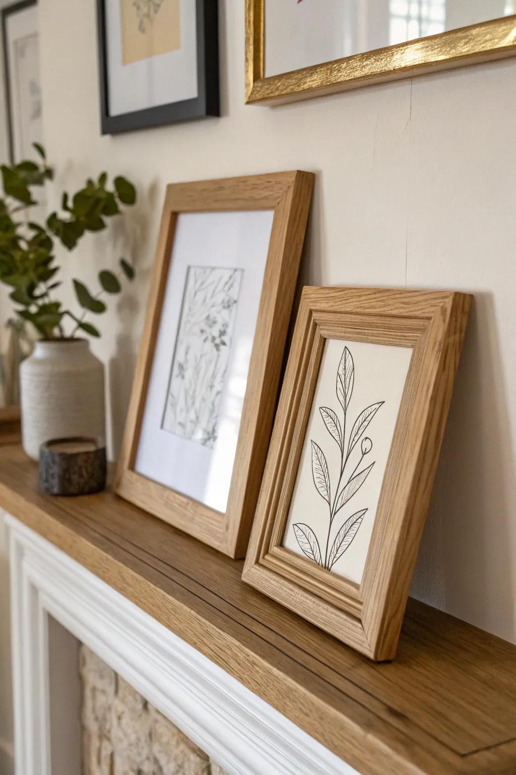 Two frames, one cozy moment—layer a smaller print over a larger for depth on a slim mantel.