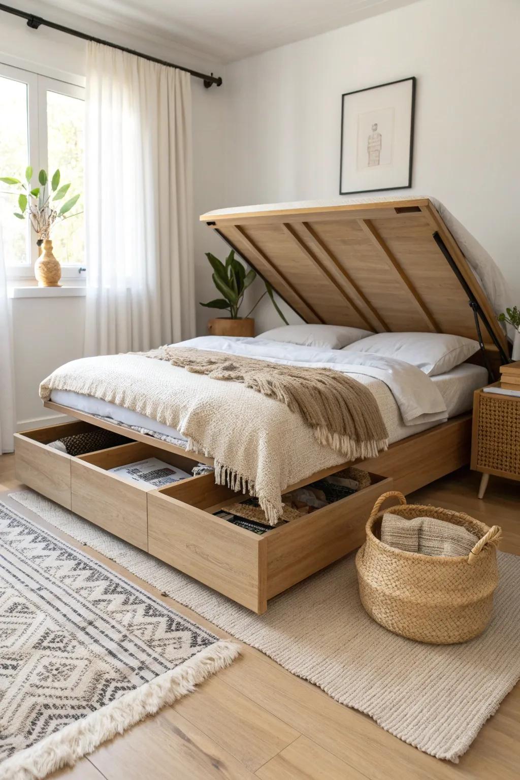 A clean lift-up hatch in a raised platform bed hides deep storage—perfect for small rooms.