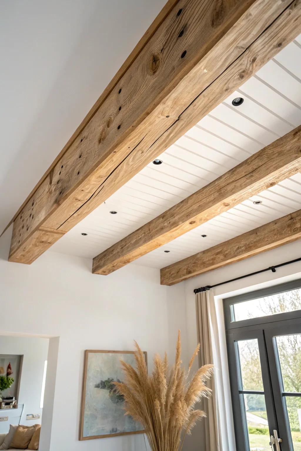 A simple faux wood beam adds instant cabin character—zero floor space, all cozy charm.