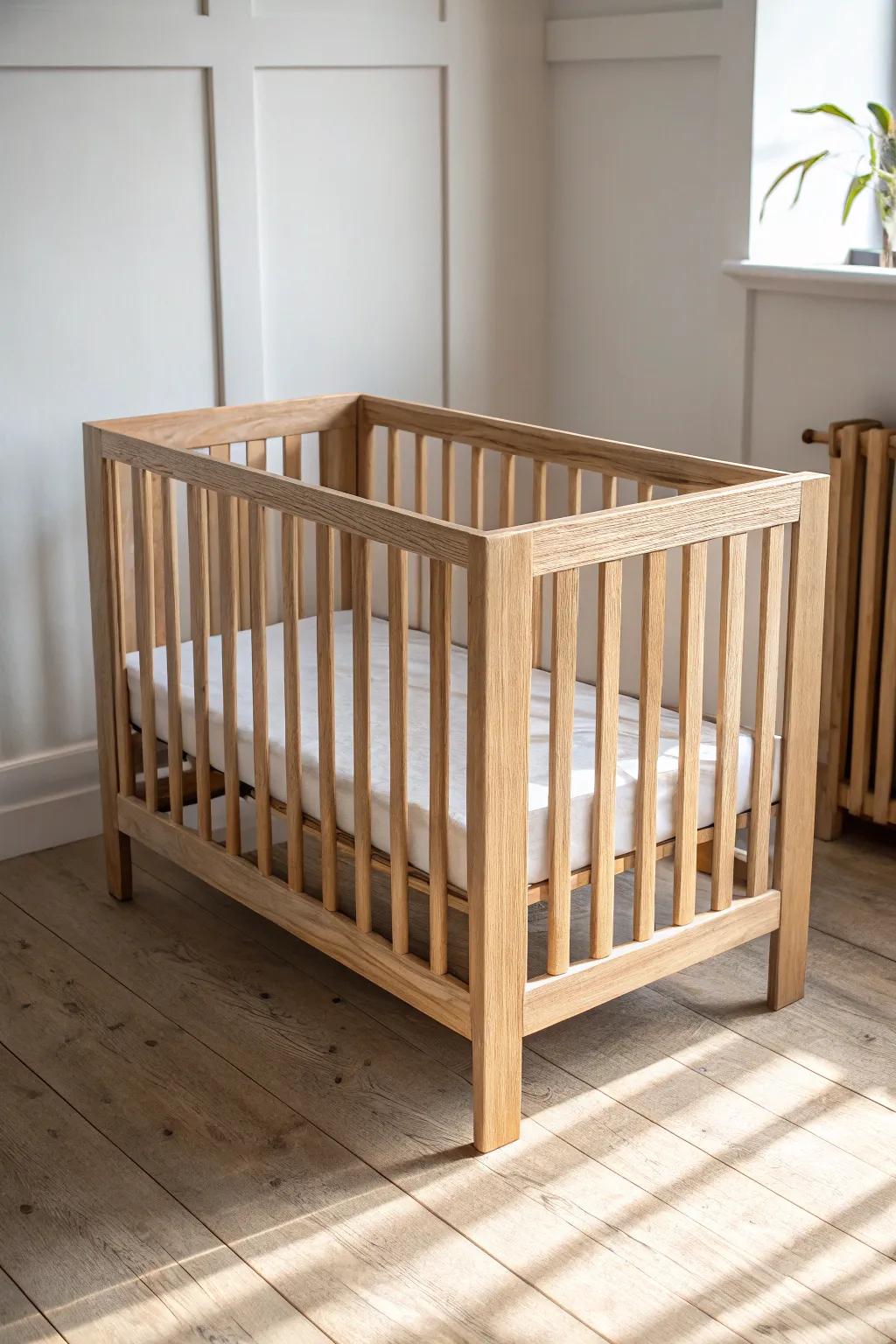 A handcrafted mini crib in light oak—tiny-room serenity with extra floor space to breathe.