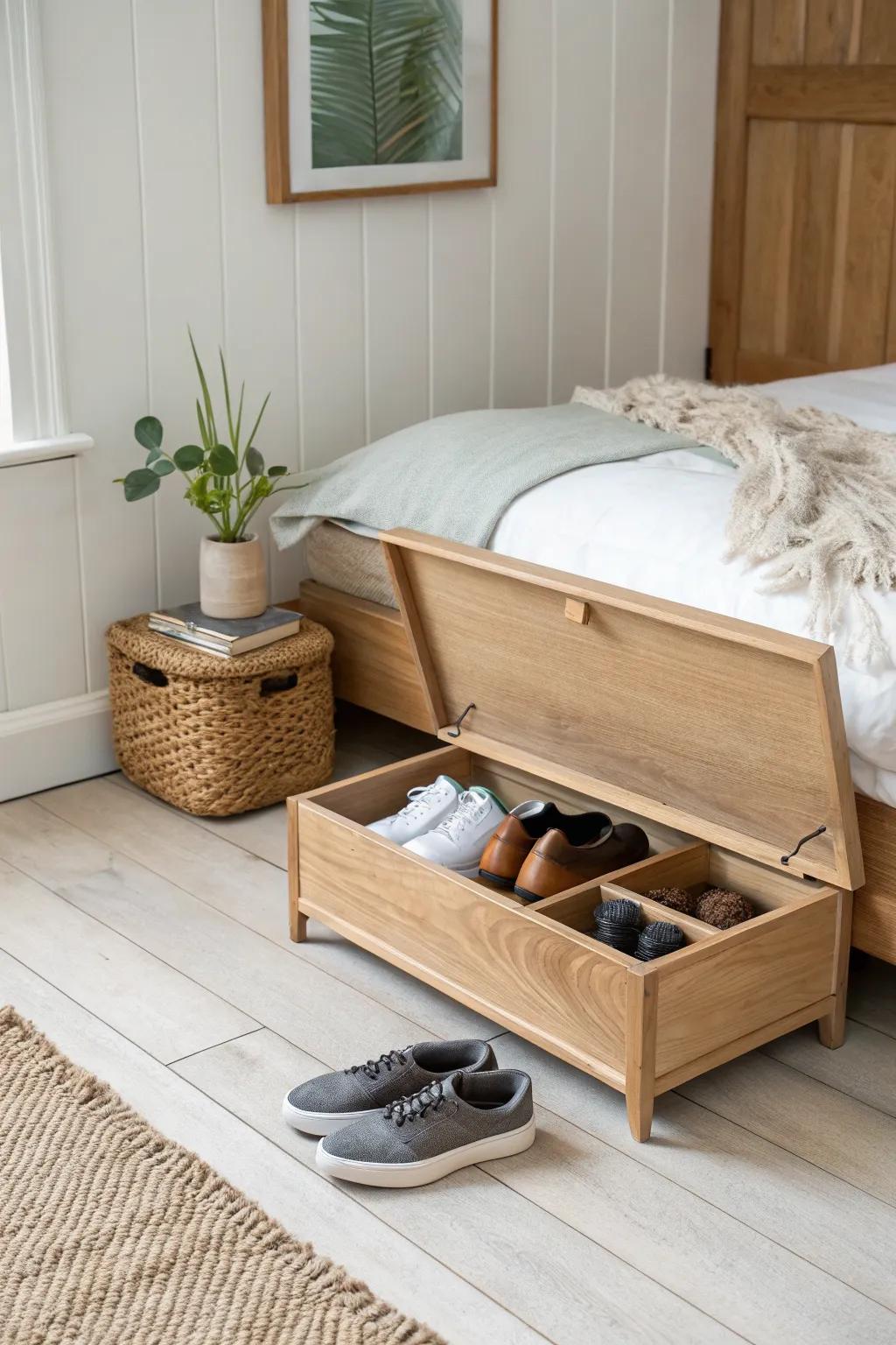 Slim lift-lid oak bench that hides everyday shoes neatly—perfect for tight bedroom spaces.