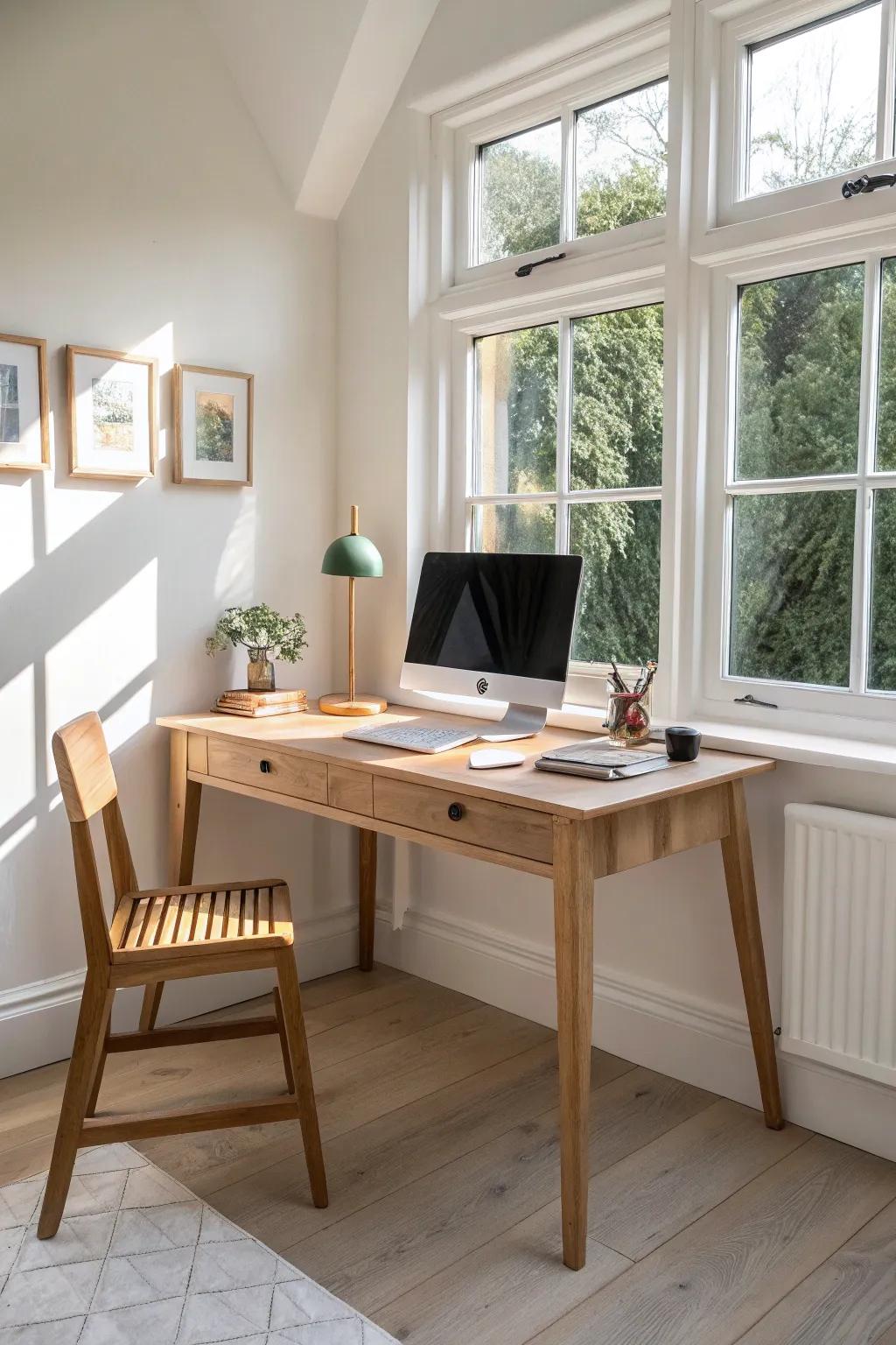 A light oak corner desk turns your sunroom’s brightest nook into a power-seat workspace.