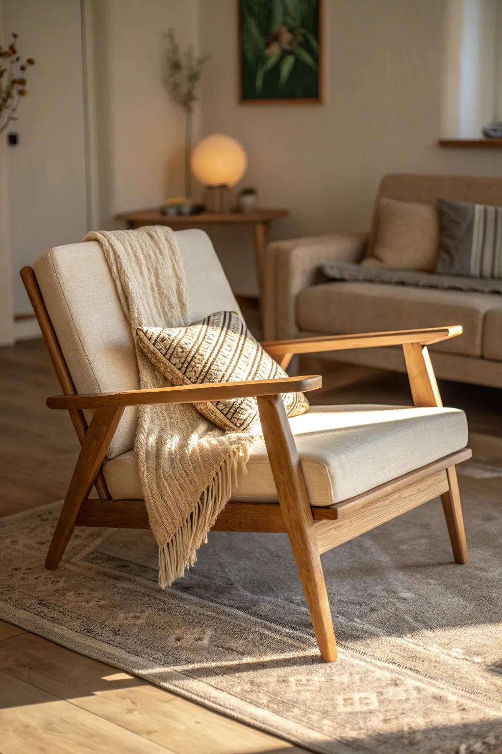 Pull seating in close—one cozy oak chair can turn a small room into a warm nook.
