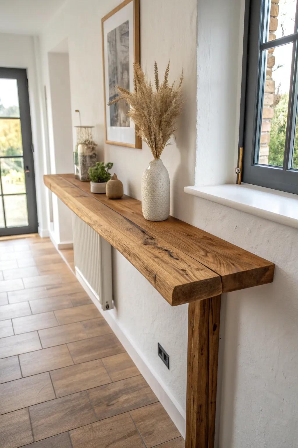 A slim butcher-block tasting counter turns a narrow wall into a cozy wine nook.