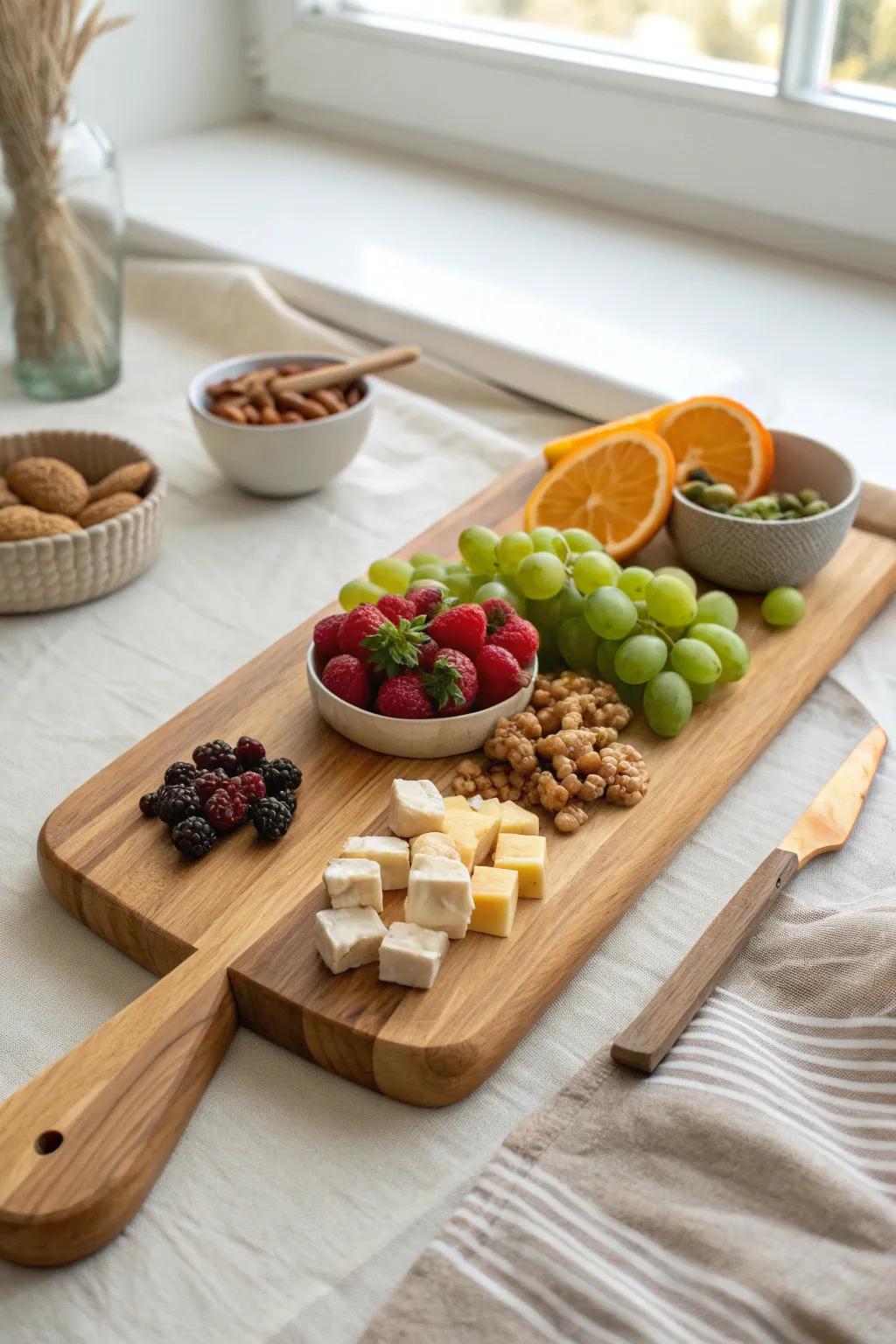Color-blocked fruit, cheese cubes, and crunchy nuts on a warm maple board—light but snacky.