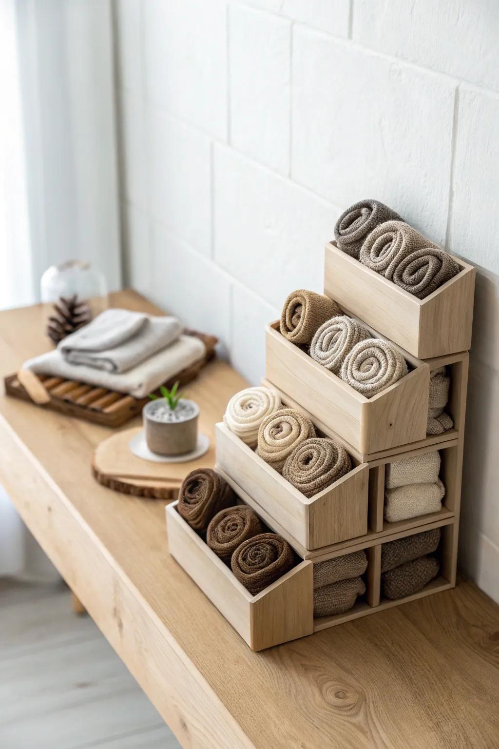 Elevate your sock storage with these chic and space-saving stacked organizers, blending simplicity with style.