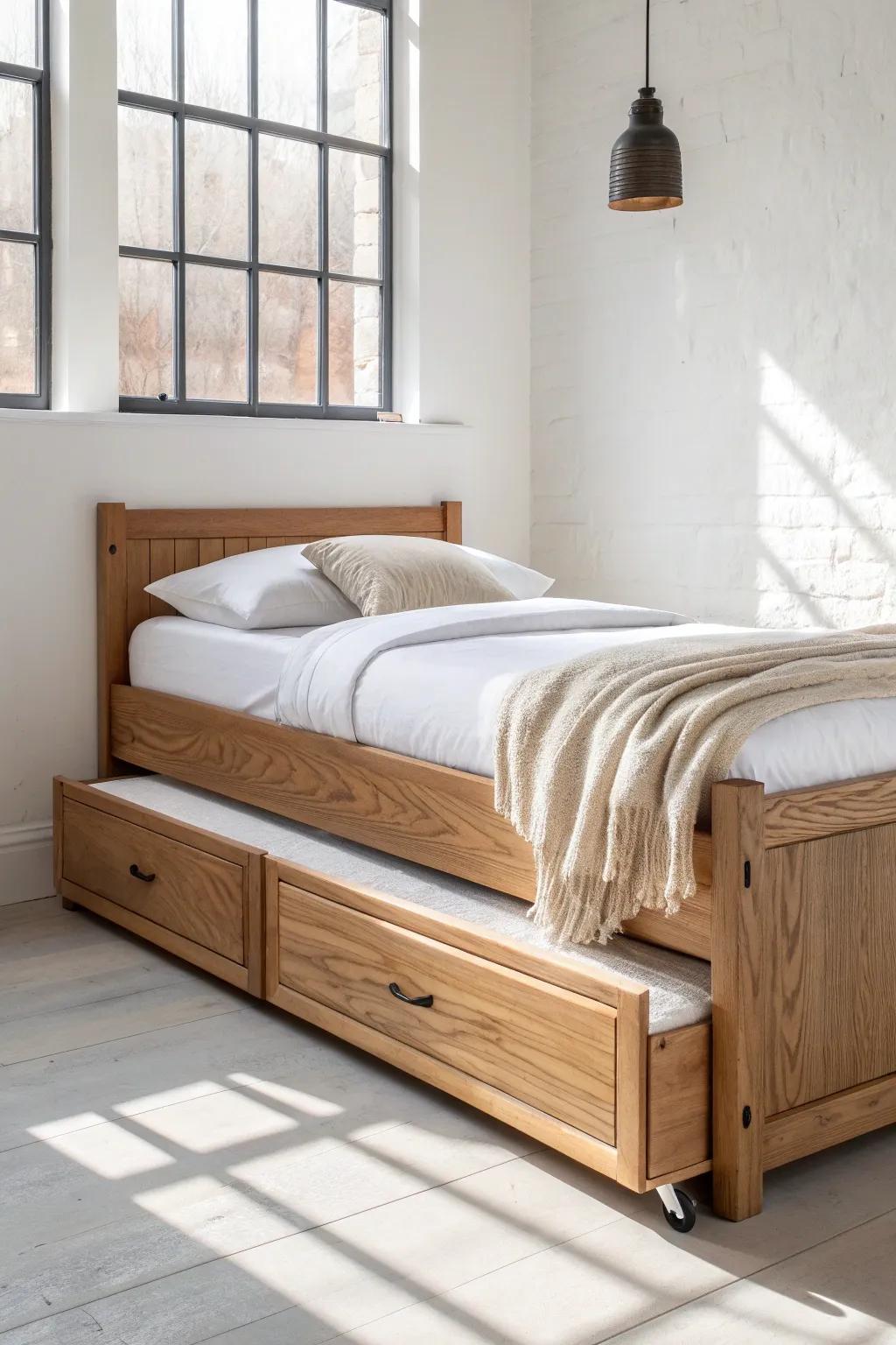 Classic oak trundle bed—guest-ready in seconds, minimalist style with warm handcrafted details.