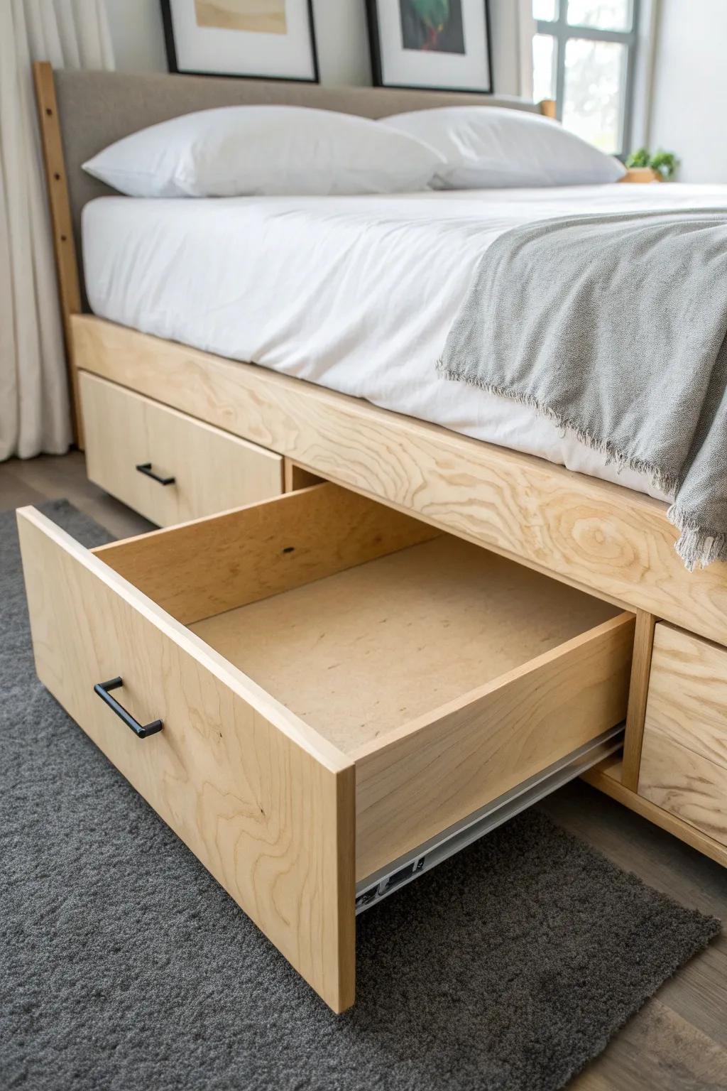Under-bed drawer base that replaces a bulky dresser—clean lines, hidden storage, warm wood.