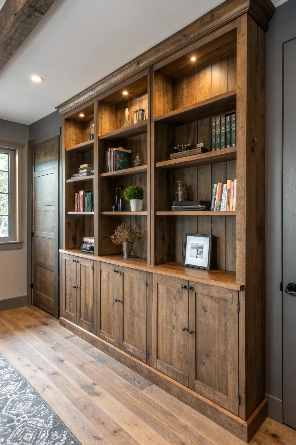 Reclaimed-wood built-in bookcase wall that hides office clutter—instant speakeasy library vibe.