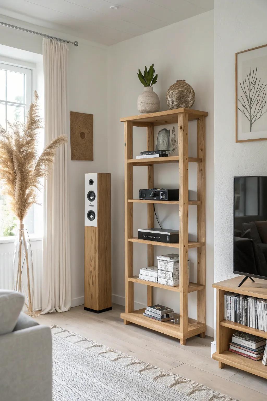 Symmetrical corner speaker shelves in warm oak—clean, space-saving, and perfectly ear-height.